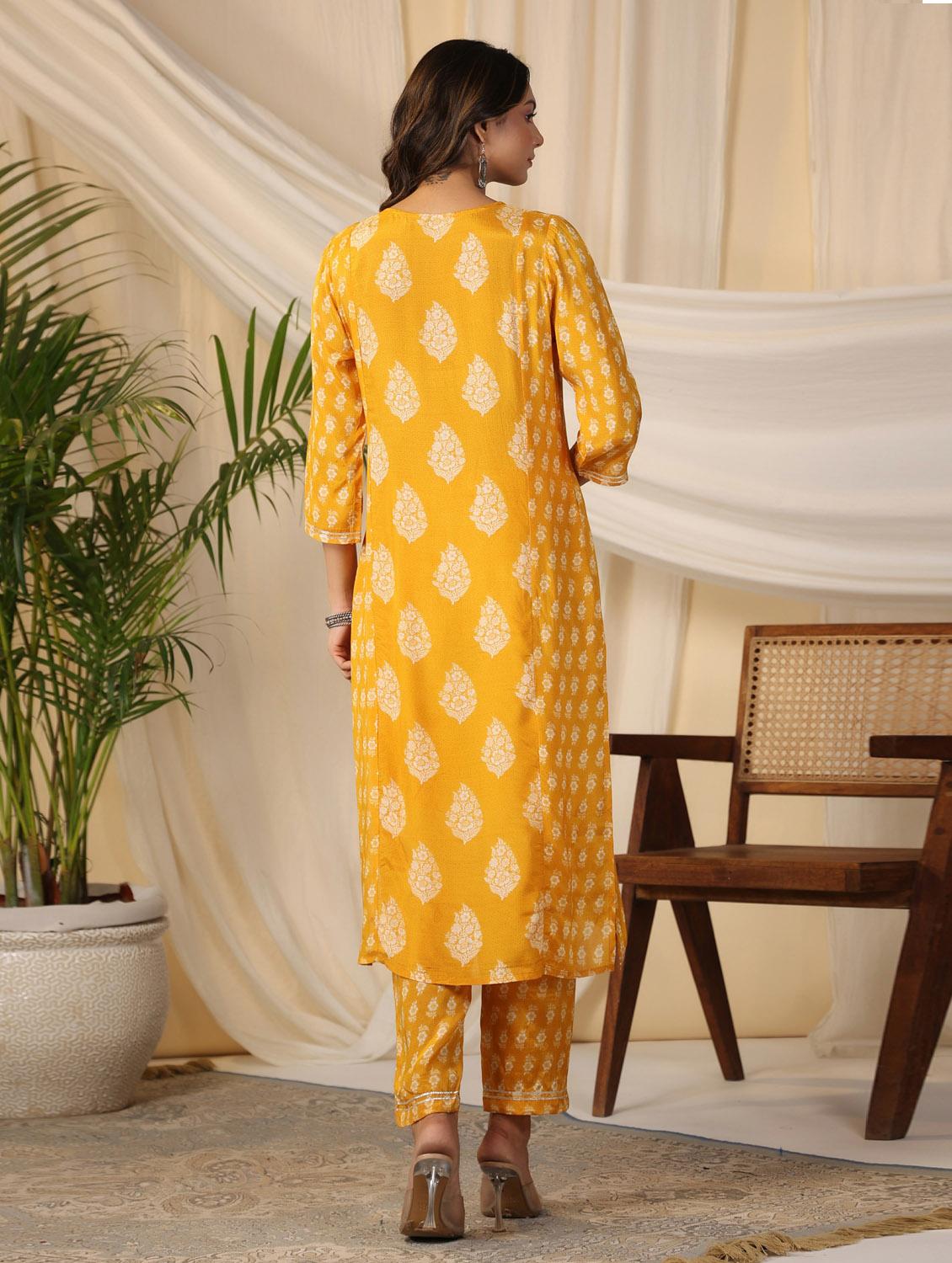 yellow printed three quarter sleeve kurta pant set - 19995594 - Standard Image - 3