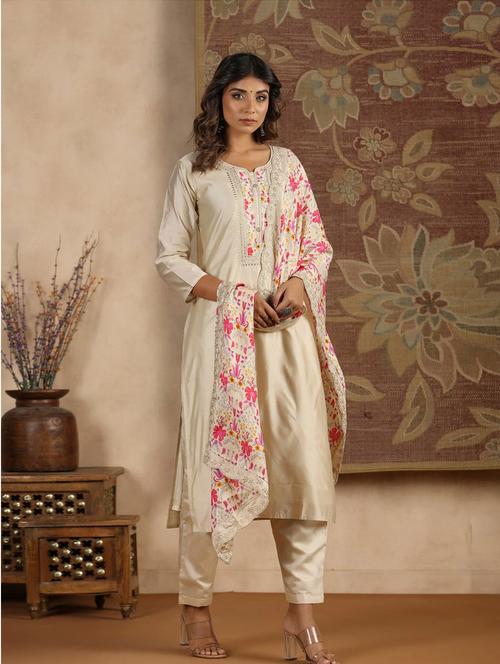 beige printed three quarter sleeve suit set set - 19995599 -  Standard Image - 0