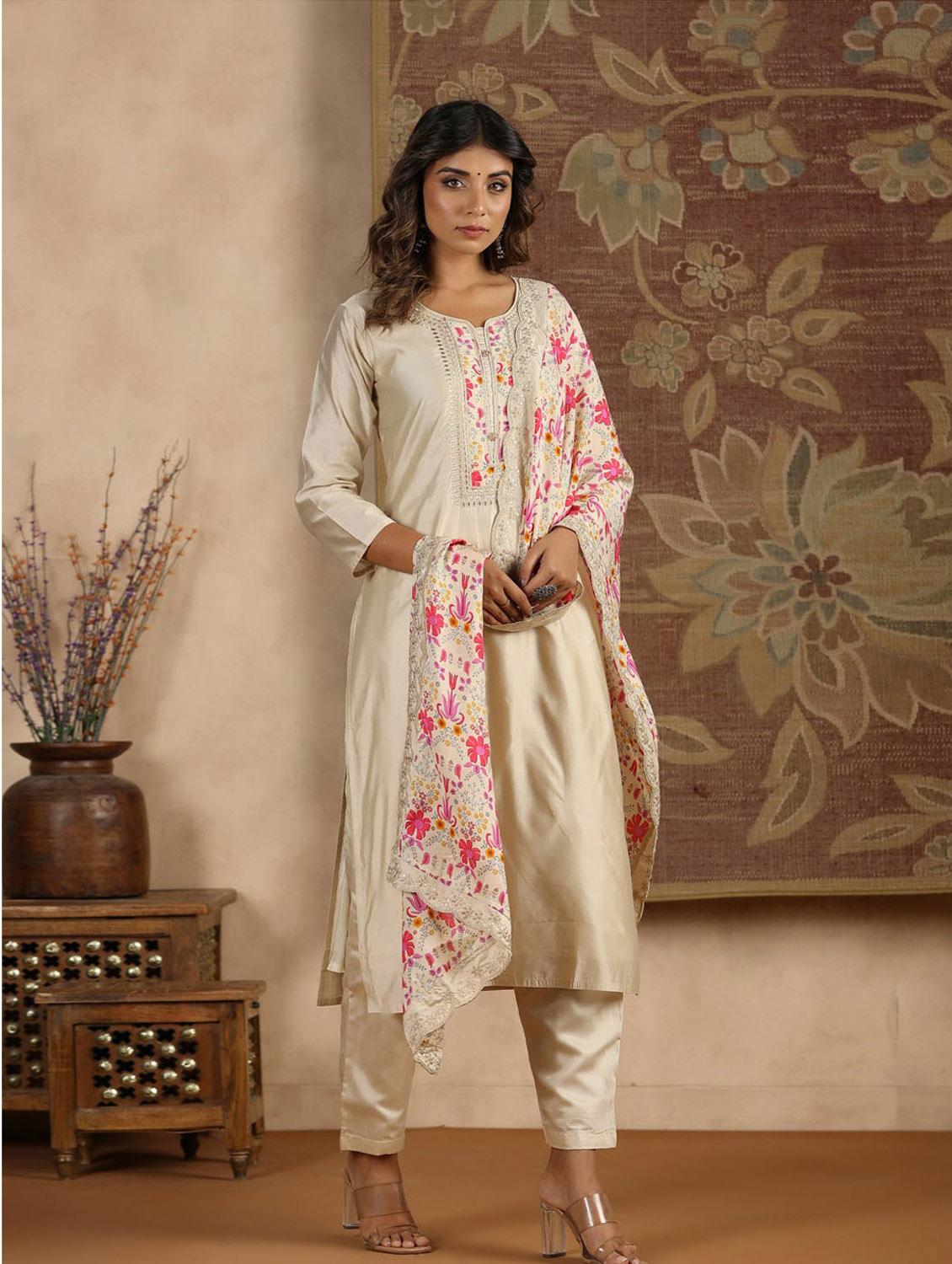 beige printed three quarter sleeve suit set set - 19995599 -  Zoom Image - 0