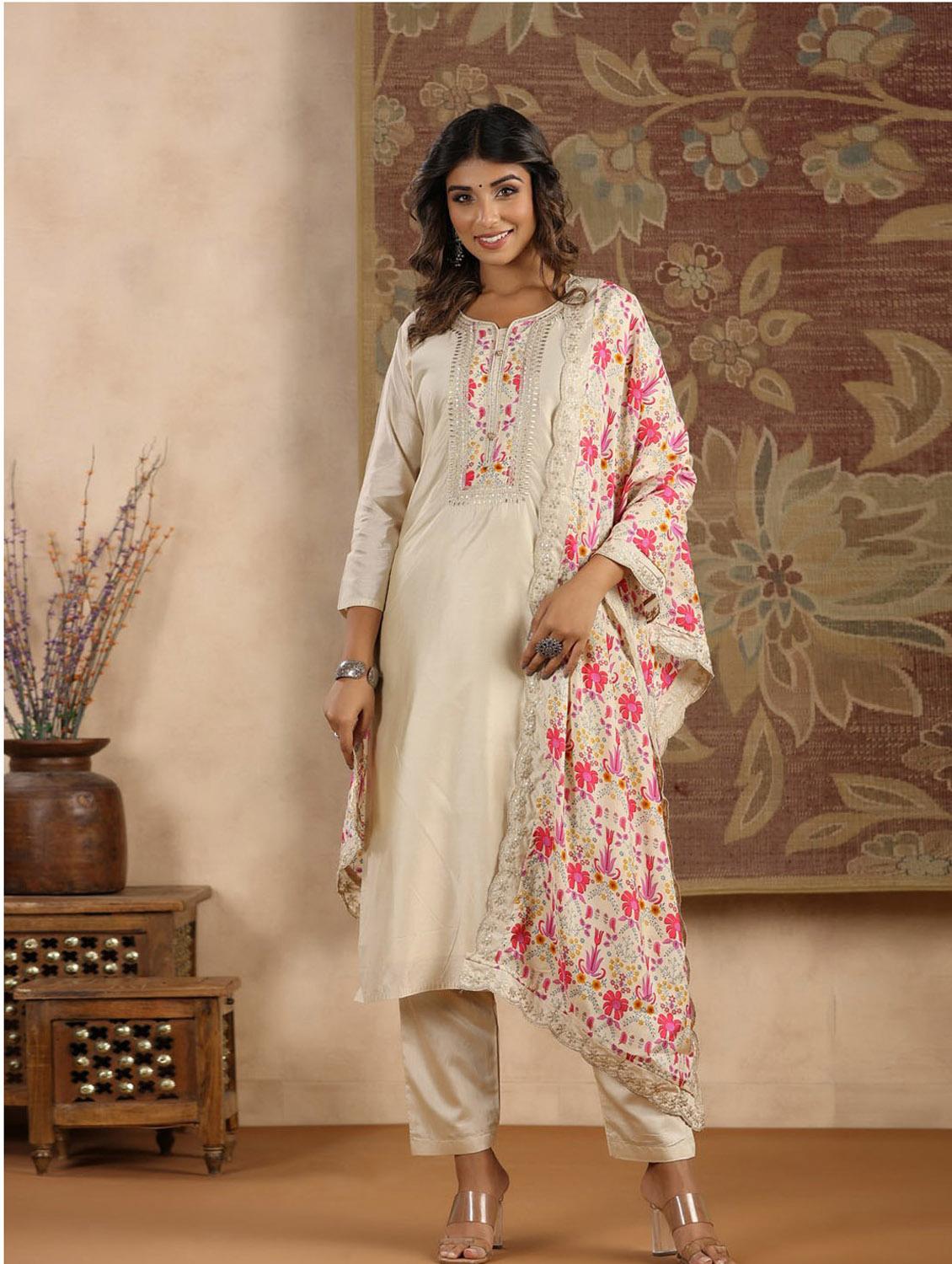 beige printed three quarter sleeve suit set set - 19995599 - Standard Image - 3