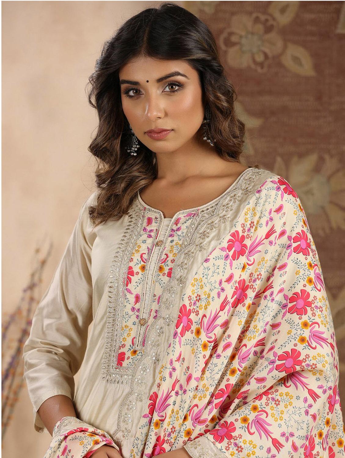 beige printed three quarter sleeve suit set set - 19995599 - Standard Image - 5