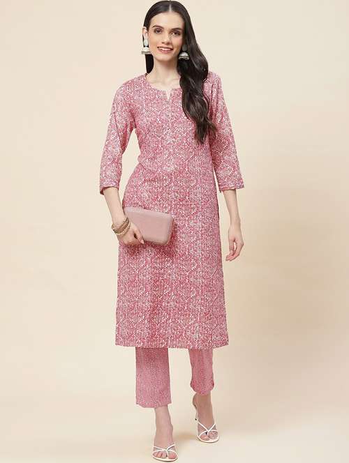 pink printed three quarter sleeve kurta pant set - 19995603 - Standard Image - 0