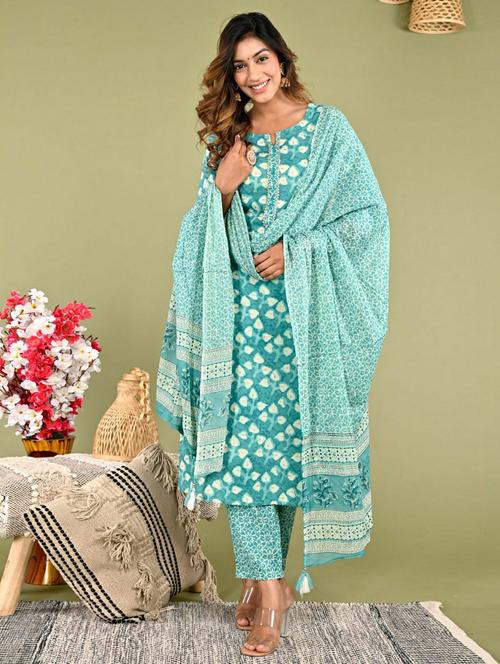blue printed three quarter sleeve suit set set - 19995614 - Standard Image - 0