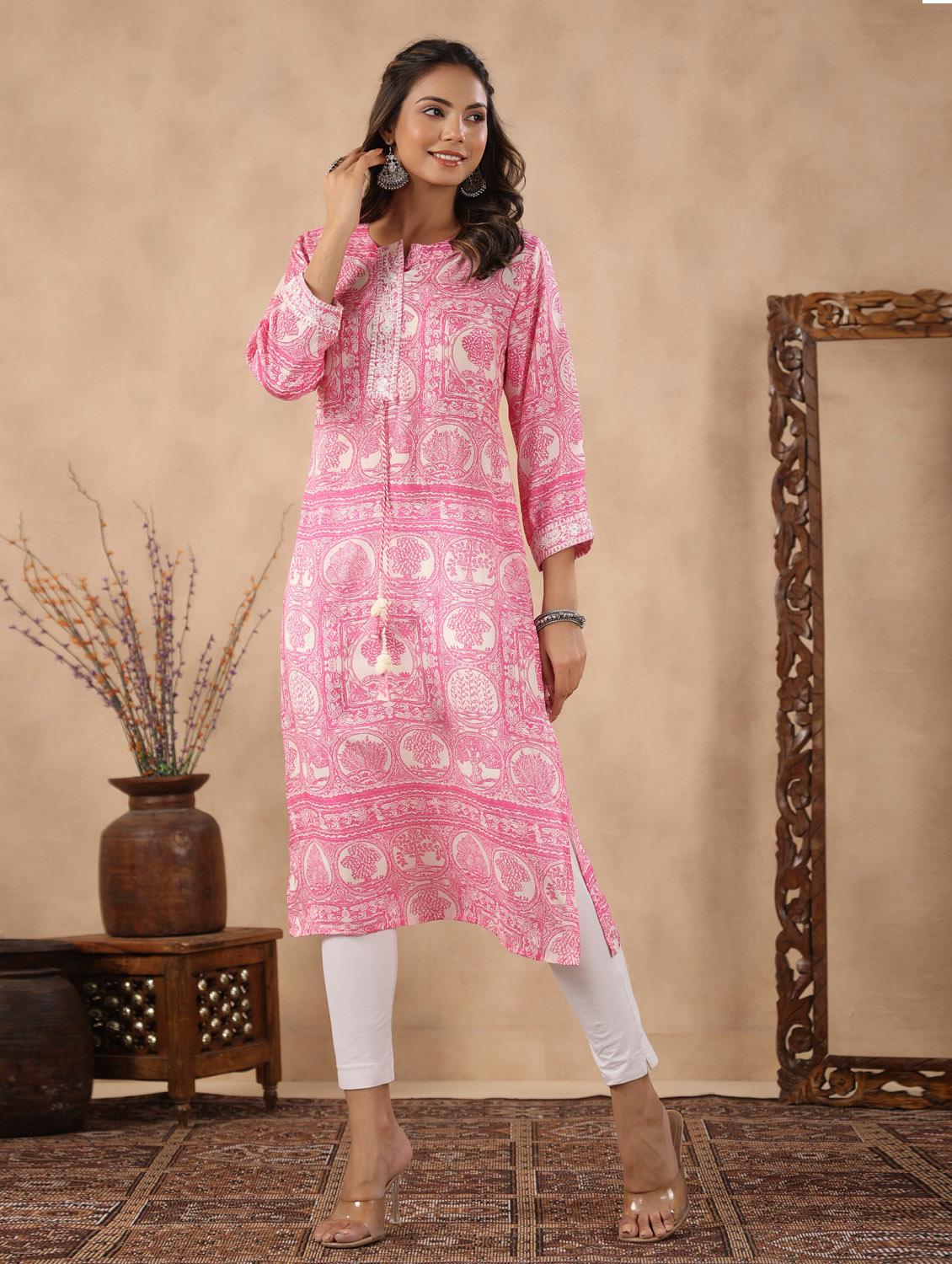 pink cotton straight kurta - 19995645 -  Zoom Image - 0