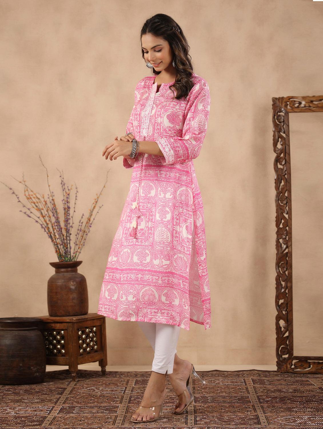 pink cotton straight kurta - 19995645 - Standard Image - 3