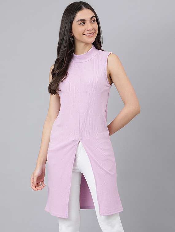 lavender solid mock neck sleeveless regular tunic - 19995681 - Zoom Image - 0