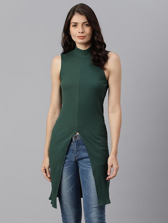 green solid mock neck sleeveless regular tunic - 19995688 -  Zoom Image - 0