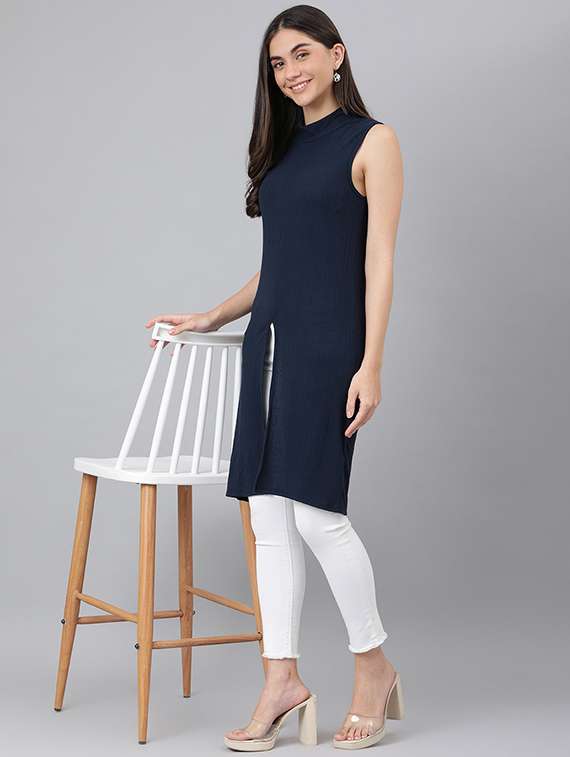 blue solid mock neck sleeveless regular tunic - 19995693 -  Standard Image - 3