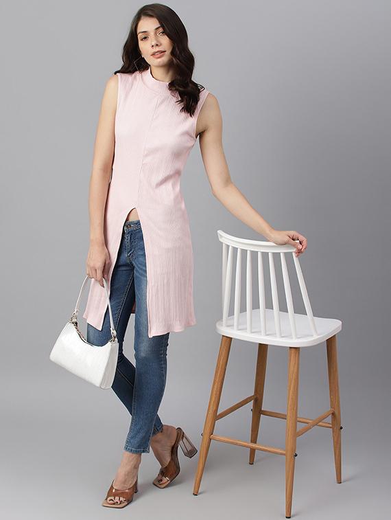 pink solid mock neck sleeveless regular tunic - 19995696 - Standard Image - 3
