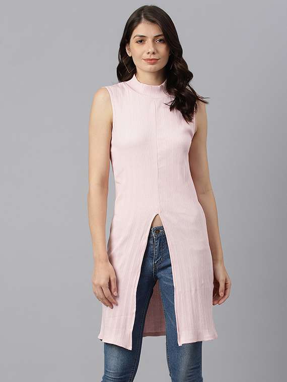 pink solid mock neck sleeveless regular tunic - 19995697 - Zoom Image - 0