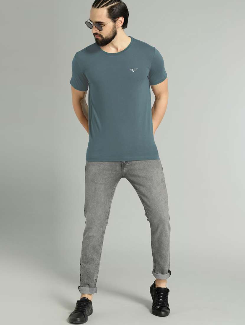 blue solid round neck short sleeve t-shirt - 19995876 -  Standard Image - 3