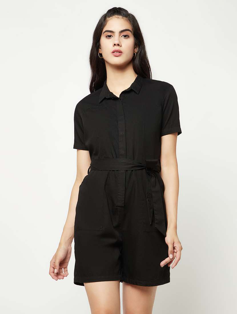 crimsoune club women black 100 cotton jumpsuit with belt