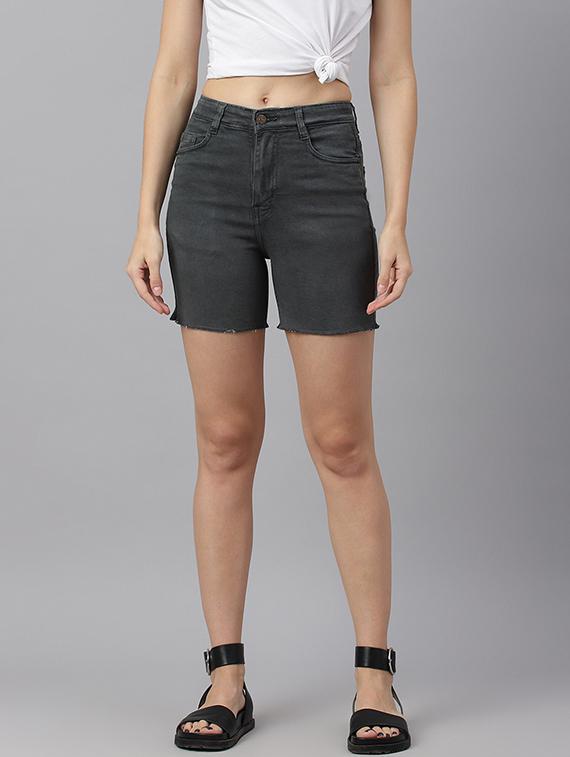 grey solid high rise denim short - 19996580 -  Zoom Image - 0