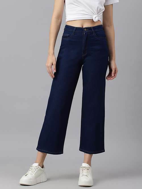 dark blue solid high rise ankle length straight jean - 19996846 - Standard Image - 0