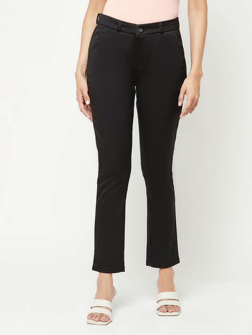 black solid flat front ankle length trousers 
