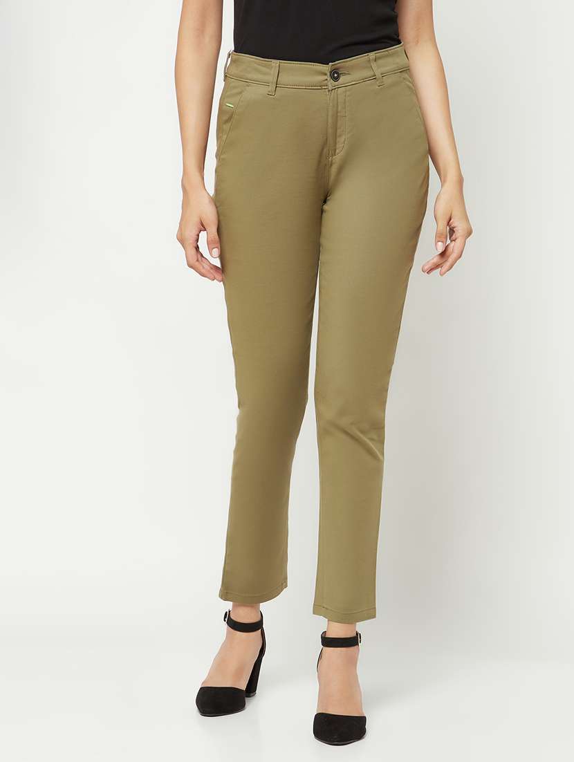 olive solid flat front ankle length trousers 