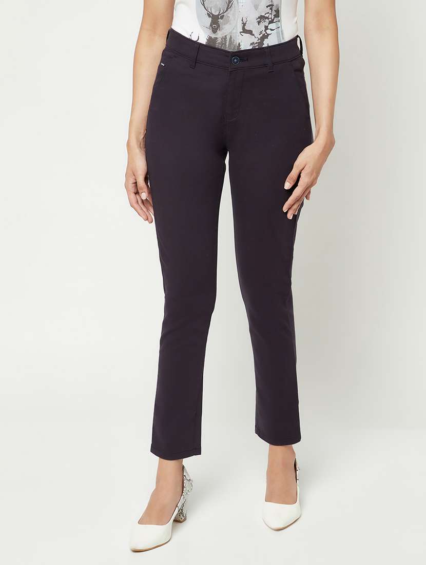 navy blue solid flat front ankle length trousers 