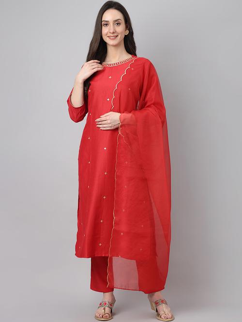 red solid kurta pant set with dupatta - 19999434 - Standard Image - 0