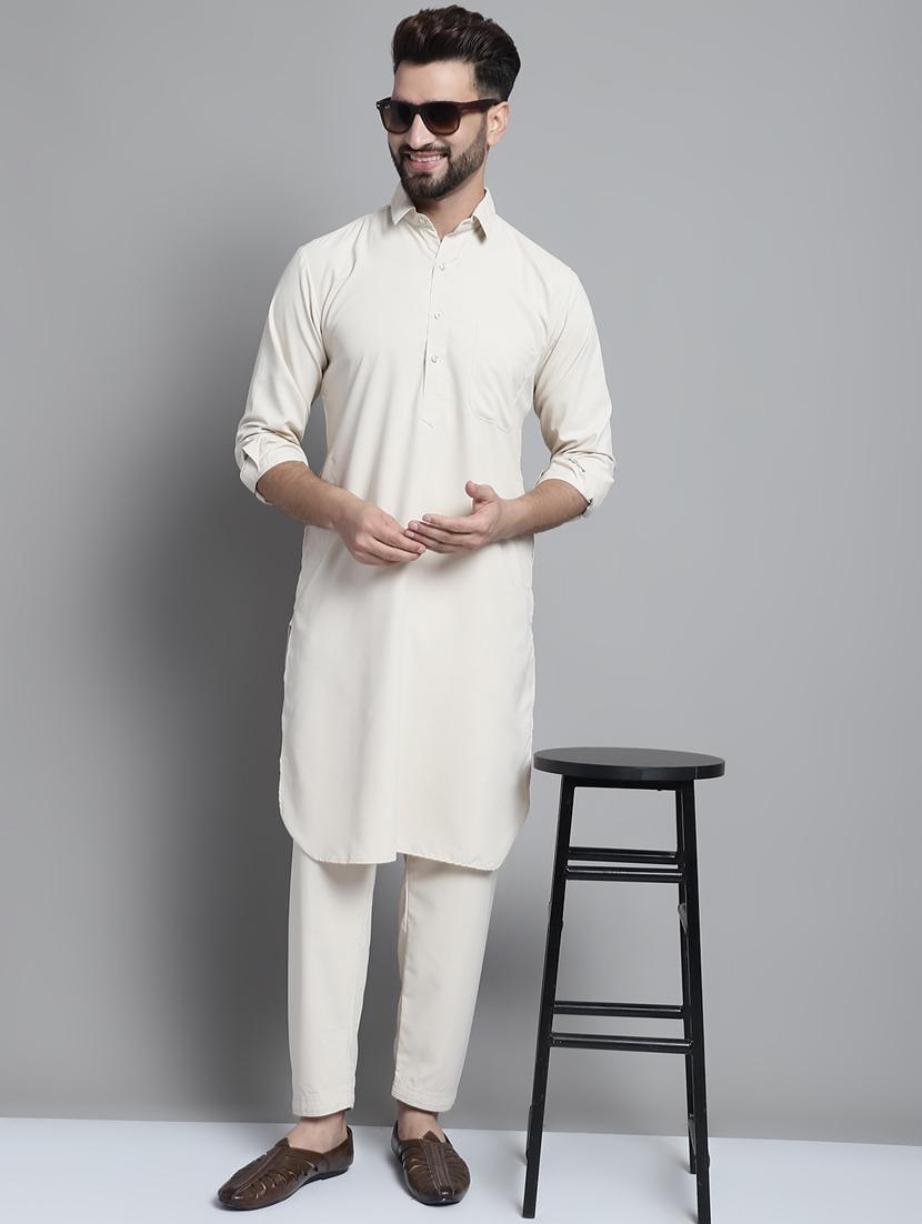 cream cotton blend kurta pyjama ethnic wear set - 20002365 -  Zoom Image - 0