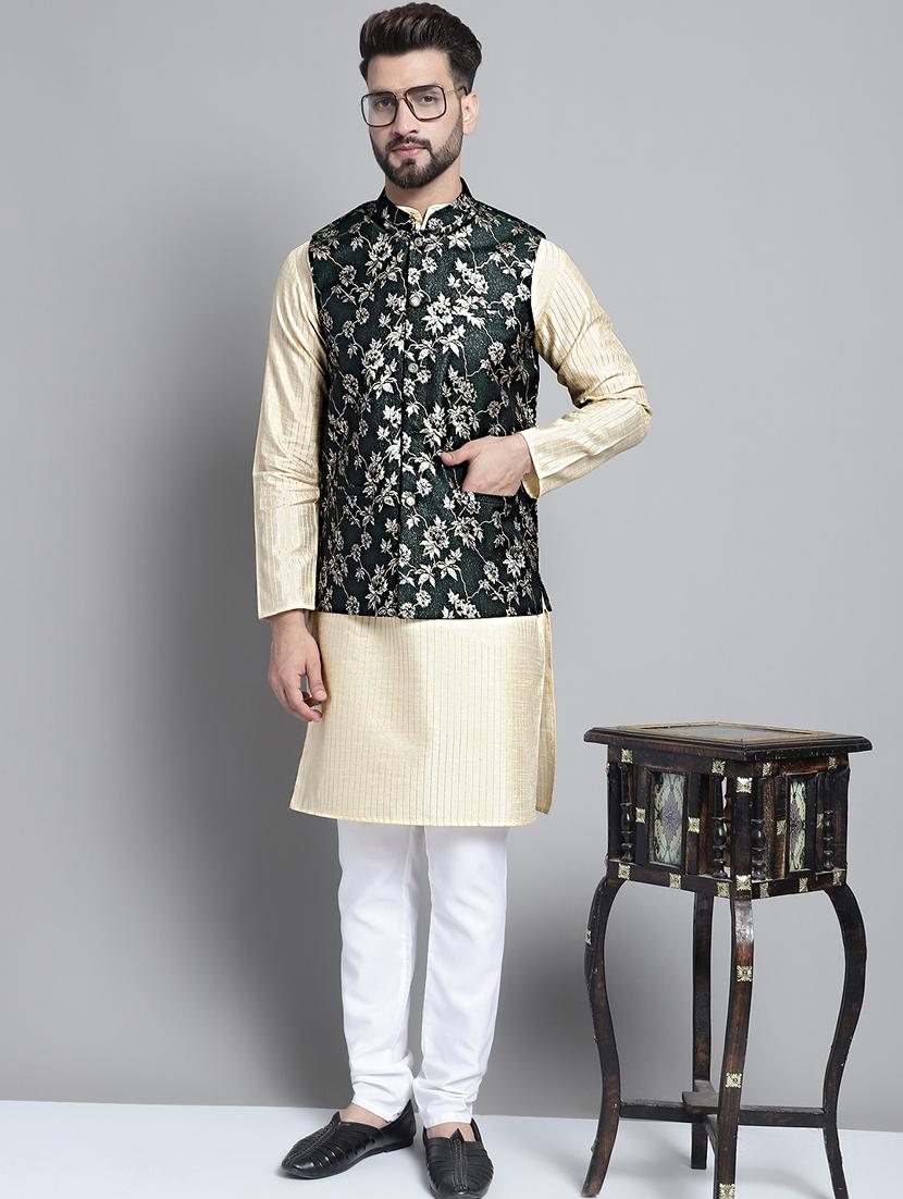 olive silk blend kurta pyjama with jacket ethnic wear set - 20002383 - Zoom Image - 0