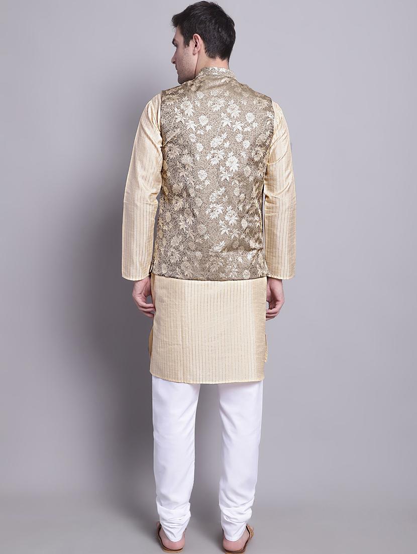 beige silk blend kurta pyjama with jacket ethnic wear set - 20002384 - Standard Image - 3
