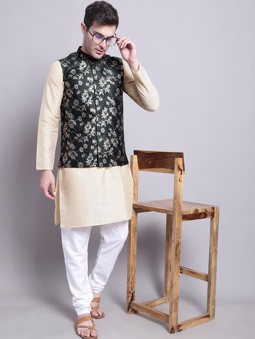 olive silk blend kurta pyjama with jacket ethnic wear set - 20002387 - Standard Image - 0