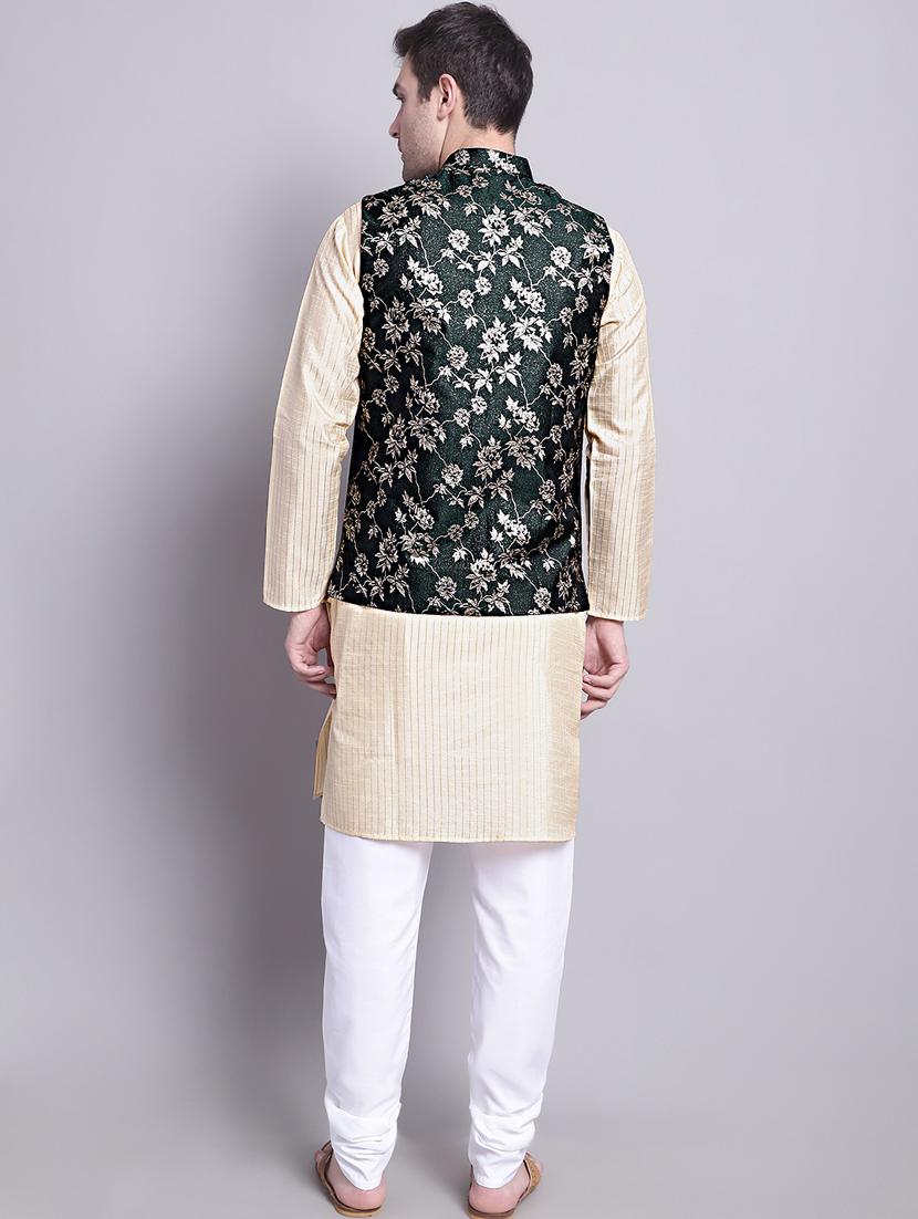 olive silk blend kurta pyjama with jacket ethnic wear set - 20002387 - Standard Image - 3