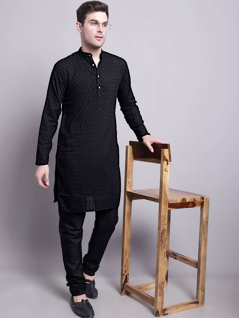 black cotton kurta - 20002402 -  Standard Image - 3
