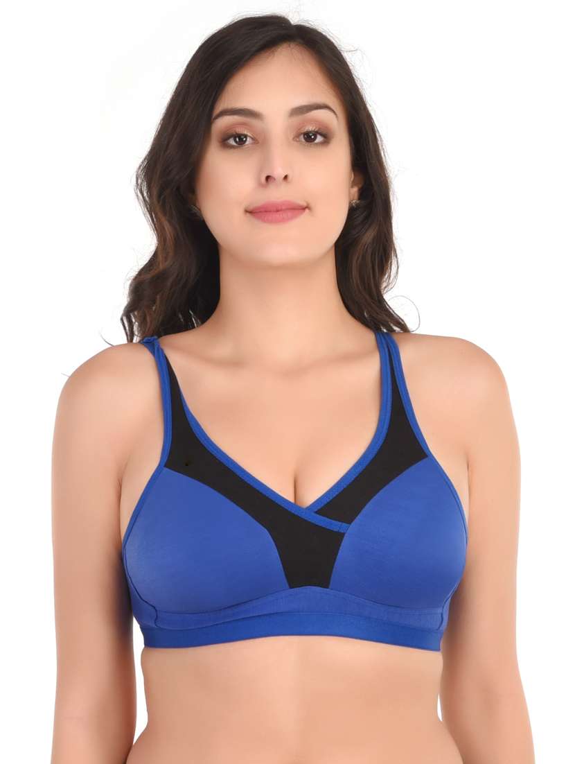 blue cotton blend sports bra