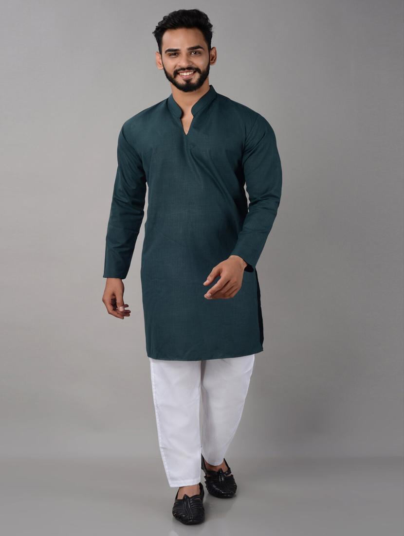 teal cotton blend pyjama kurta - 20004934 - Zoom Image - 0