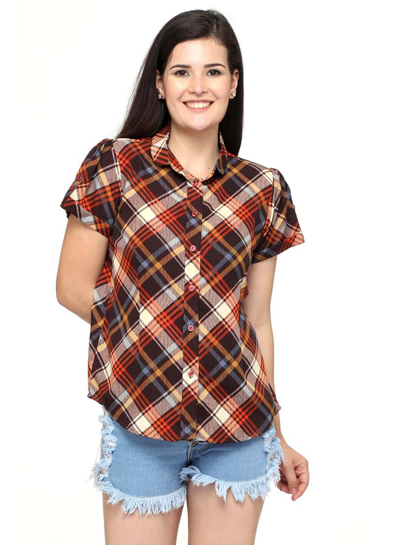 brown check print short sleeves regular shirt