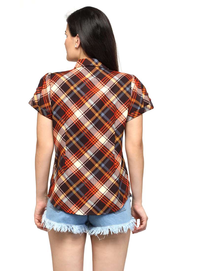 brown check print short sleeves regular shirt - 20007173 -  Standard Image - 3