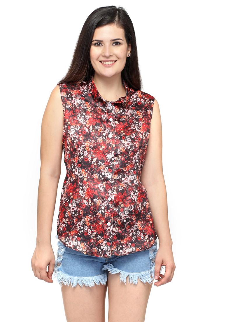 brown floral print sleeveless regular shirt - 20007176 -  Zoom Image - 0