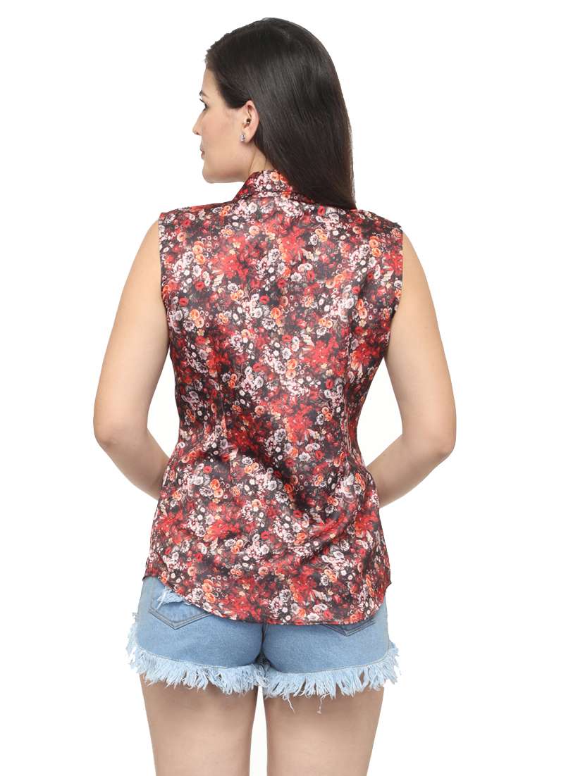 brown floral print sleeveless regular shirt - 20007176 - Standard Image - 3
