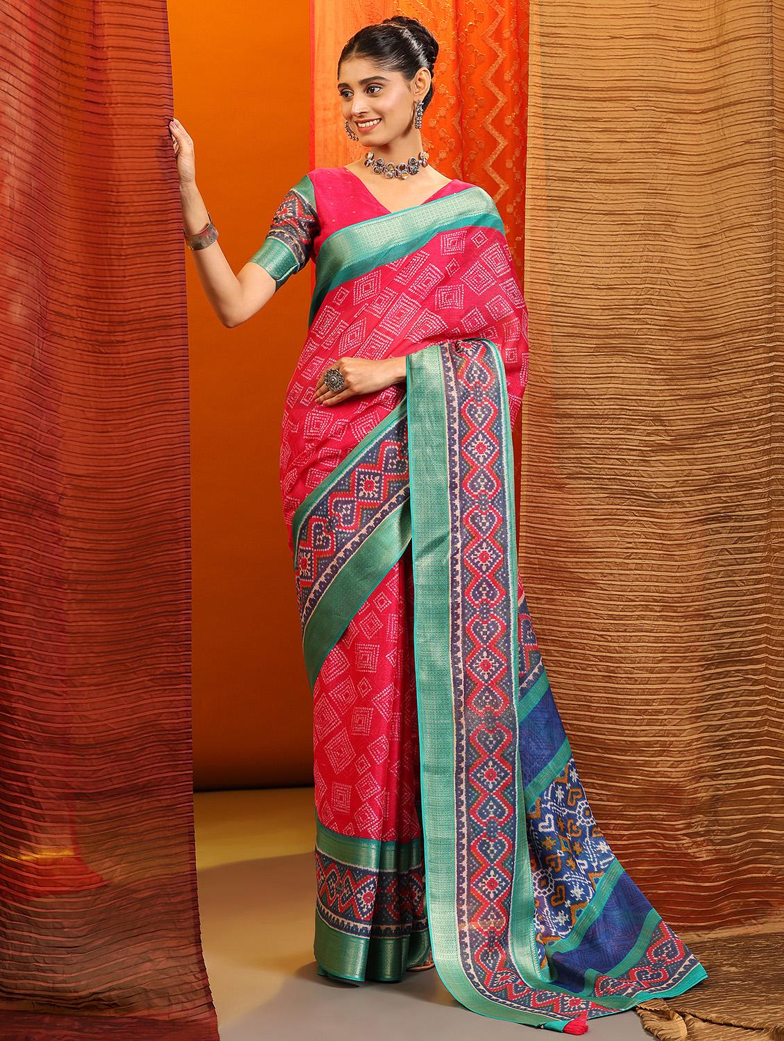 women's printed pink colored saree with blouse - 20007406 -  Zoom Image - 0