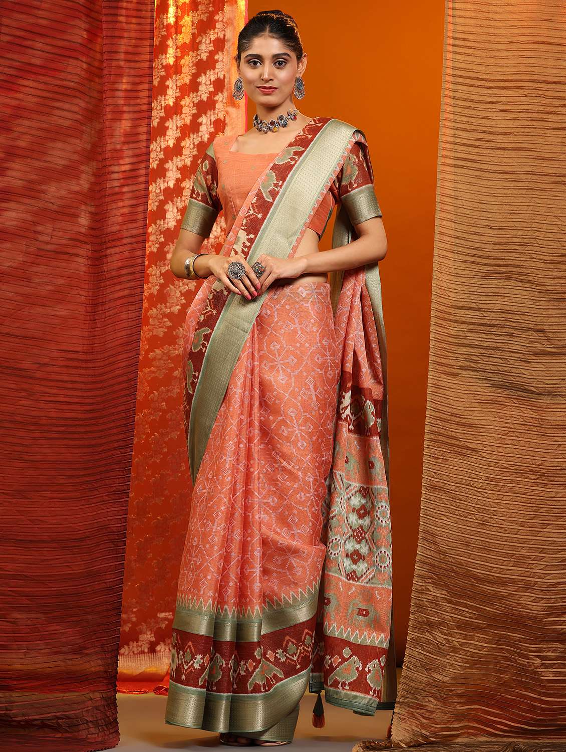 women's abstract peach colored saree with blouse - 20007408 -  Zoom Image - 0