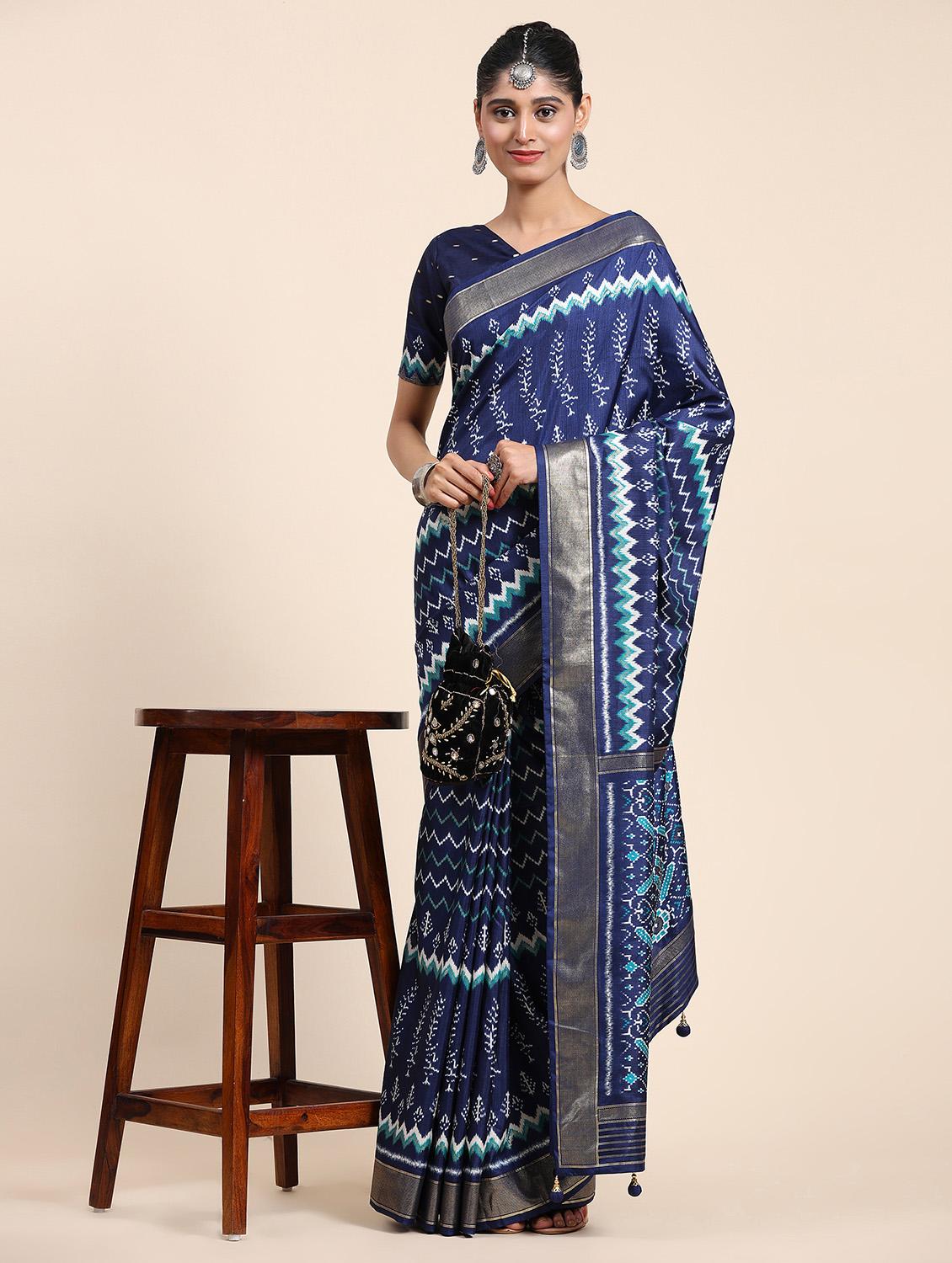 women's self design navy blue colored saree with blouse - 20007474 - Standard Image - 3