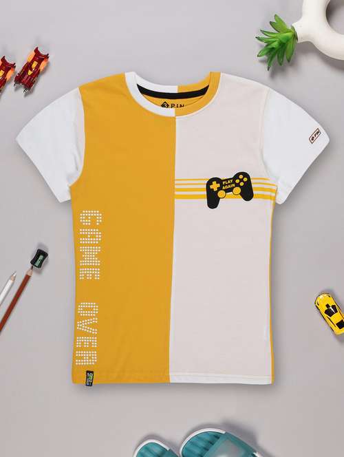 yellow & white color block round neck t-shirt  - 20007585 -  Standard Image - 0