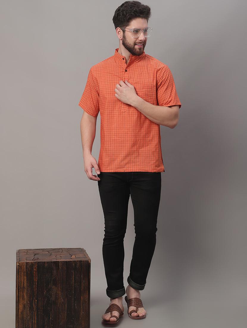 orange checkered printed short kurta - 20007594 - Standard Image - 3