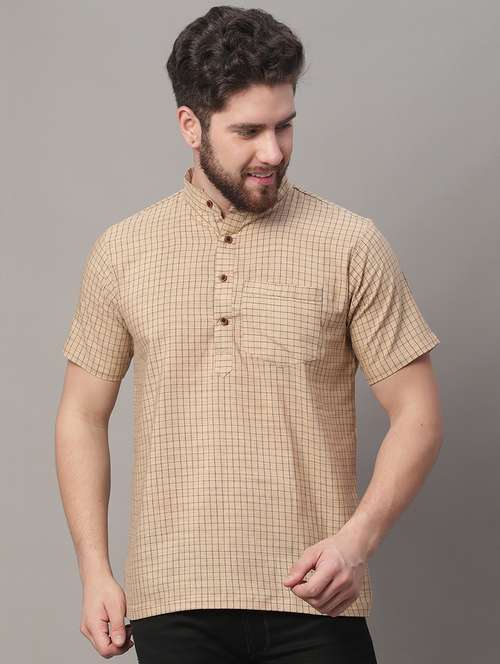 men beige checkered printed short kurta - 20007598 -  Standard Image - 0