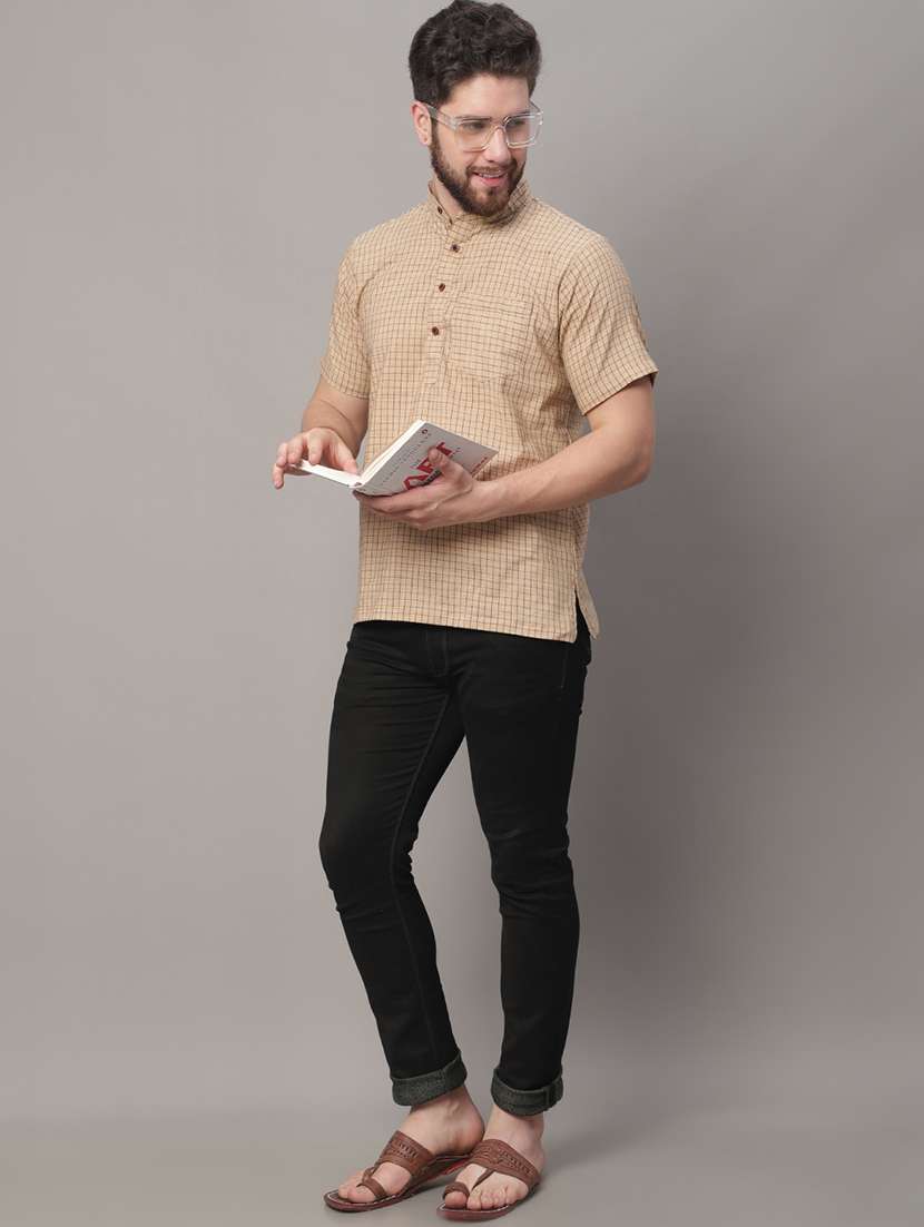 men beige checkered printed short kurta - 20007598 -  Standard Image - 3