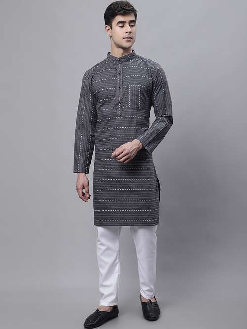 men grey printed long kurta - 20007605 - Standard Image - 0