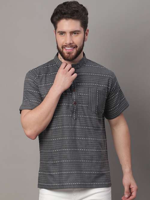 men grey printed short kurta - 20007606 -  Standard Image - 0