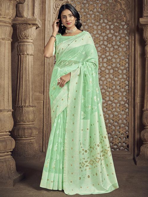 light green cotton blend saree with blouse - 20008118 - Standard Image - 0