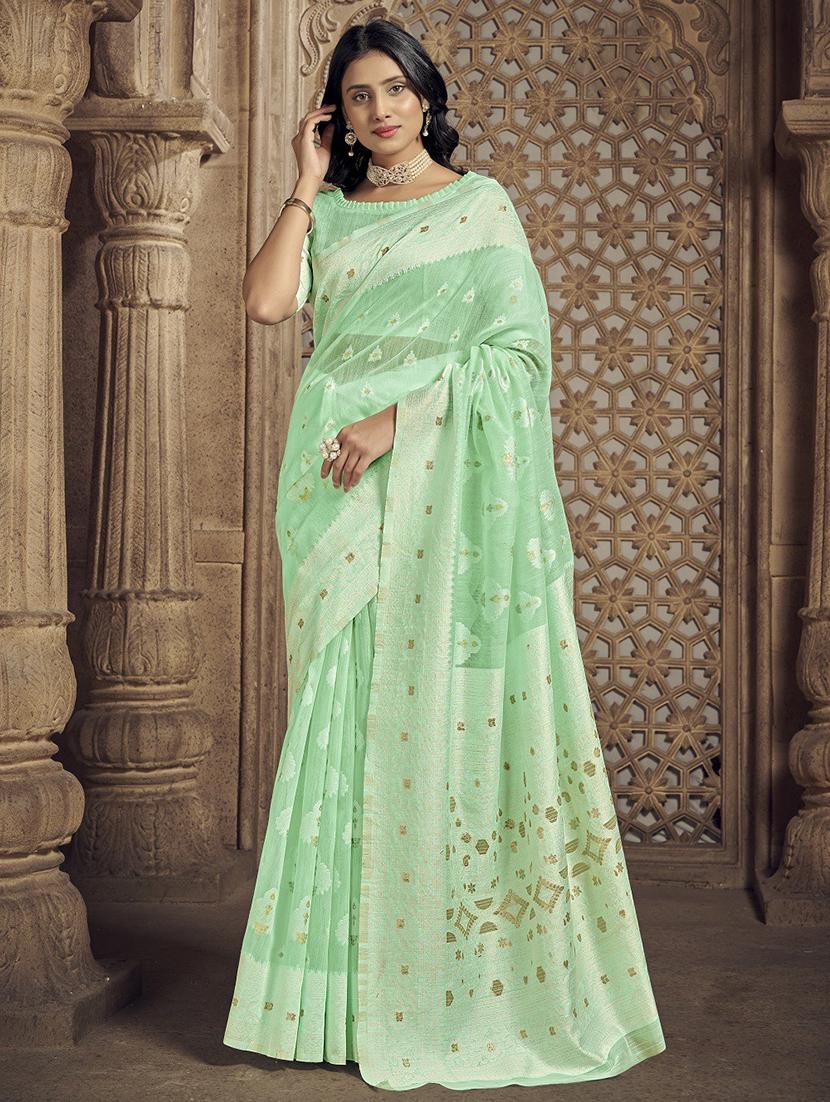 light green cotton blend saree with blouse - 20008118 - Zoom Image - 0
