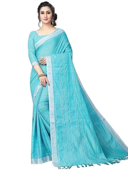 blue check print woven saree with blouse - 20008124 -  Standard Image - 0