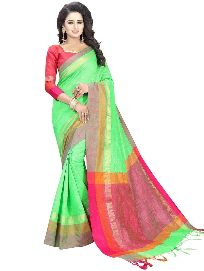 light green cotton silk saree with blouse - 20008133 - Zoom Image - 0