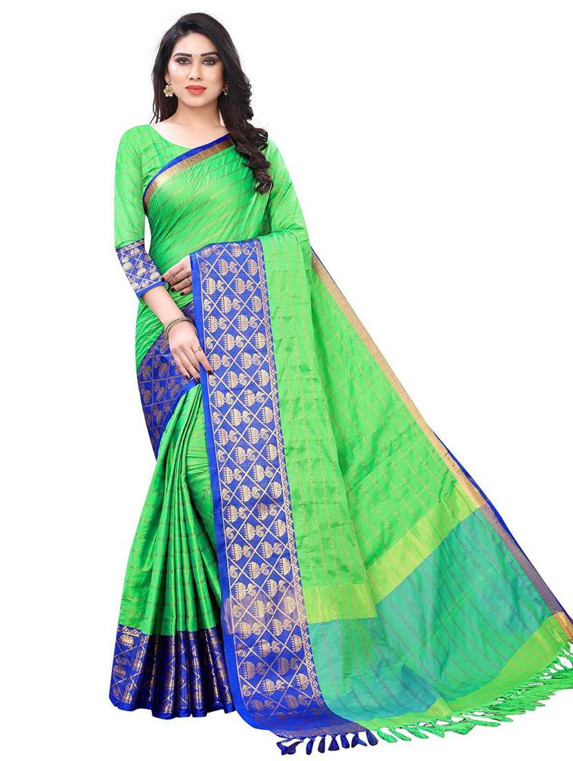 light green cotton blend kanjivaram saree with blouse - 20008143 - Zoom Image - 0