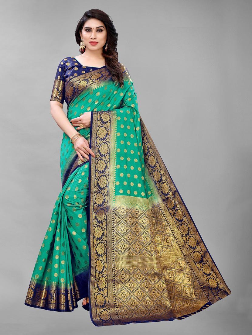 green self designed golden bordered kanjivaram saree with blouse - 20008149 -  Zoom Image - 0