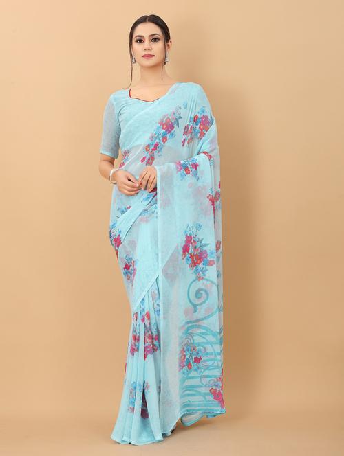 blue floral printed saree with blouse - 20008169 - Standard Image - 0